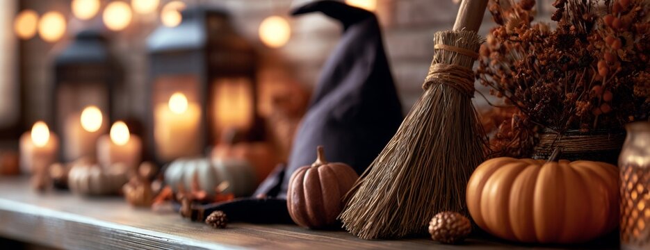 Witch's broom and hat at Halloween celebration with decorations  
