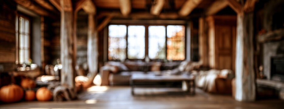 Blurred rustic living space with pumpkins and large windows  