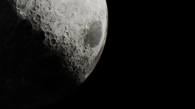 A section of the moon is shown against a dark background. The surface has many craters and shadows. This scene displays the moons texture and details from a great distance.