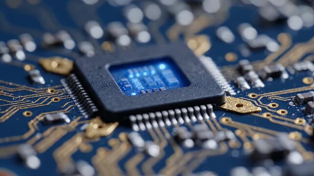 Closeup of a glowing blue microchip on a circuit board