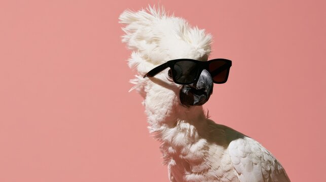 Cool white parrot wearing black sunglasses looking to the side with fluffy feathers on light pink background stylish tropical bird with attitude