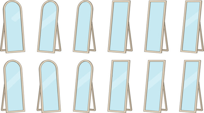 Full Length Standing Mirror Icon Set with Arched and Rectangular Wooden Frames for Bedroom Dressing Room and Interior Home Furniture Vector Designs