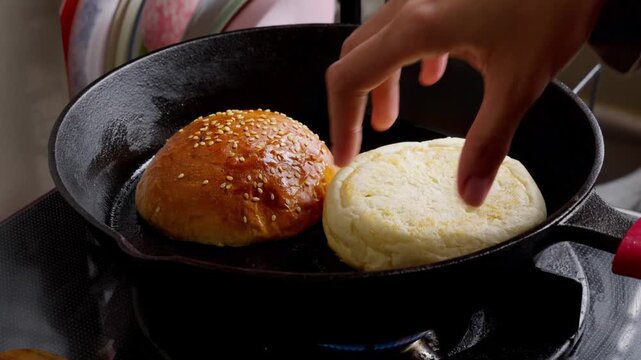 Toasting Burger Buns in a Cast Iron Skillet at Home