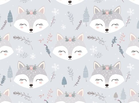Cute winter seamless pattern with smiling wolf heads, floral crowns, pine trees, and snowflakes on a blue background. Adorable woodland nursery design.