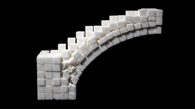 White refined sugar cubes arranged in a curved bridge arch structure over a black studio background for conceptual food art