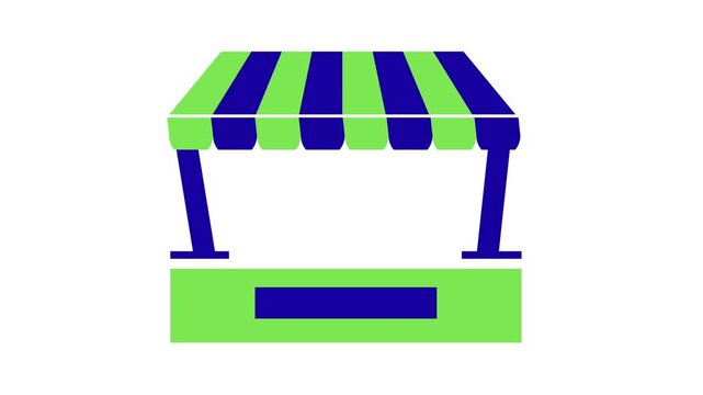 Green and blue market stall animation video on a white background