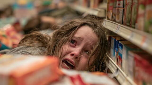 Distressed woman experiencing intense emotional panic and fear while crouching between grocery store shelves in chaotic environment with blurred background