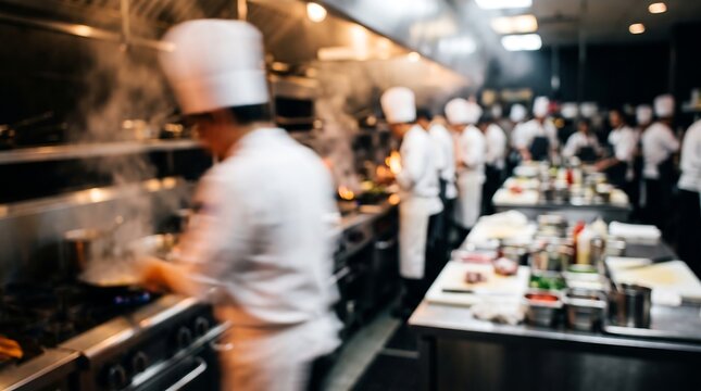 Dynamic view of professional kitchen staff in white uniforms cooking gourmet meals at fast-paced restaurant station with steam and flames during intense dinner service for busy customers