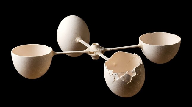 A conceptual anemometer wind speed meter constructed with fragile eggshells on a solid black background