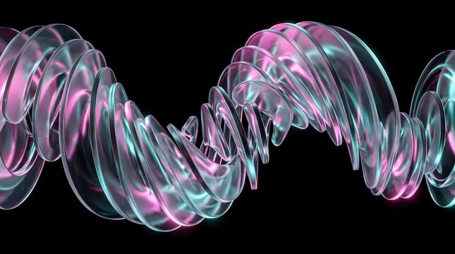 An abstract composition featuring floating glass plates arranged in a twisting spiral formation against a dark background, illuminated with vibrant neon pink and cyan light reflections.