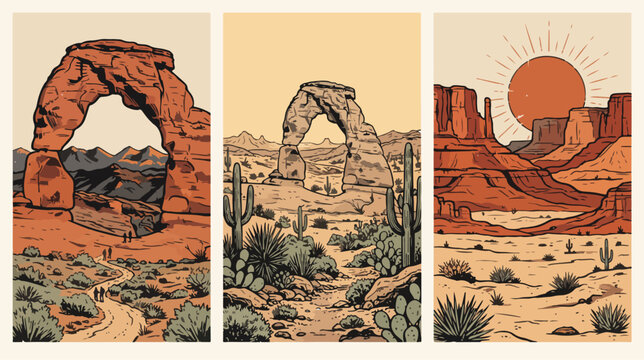 Desert landscape vector illustration featuring iconic red rock arches and saguaro cacti under a warm vintage sun for artistic prints