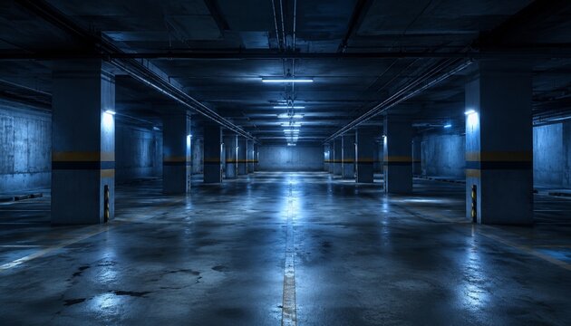 Empty underground parking garage with blue fluorescent lighting