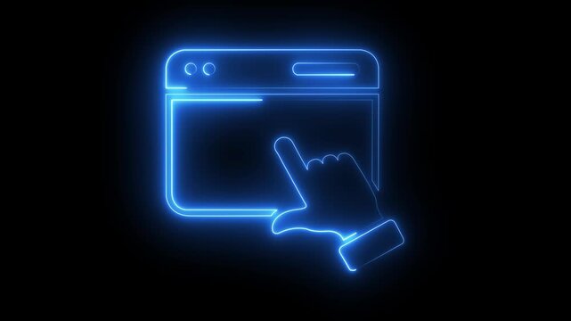 Neon glowing web browser interface with interactive cursor click animation