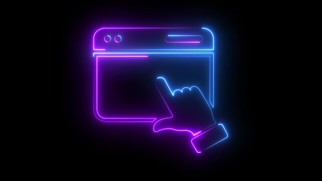 Neon browser window with clicking hand animation, digital interface concept