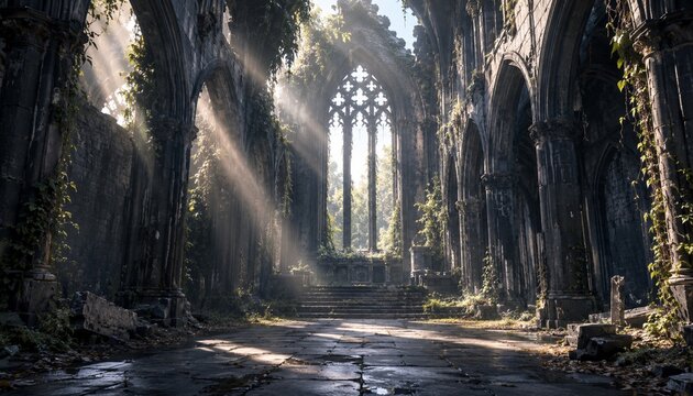 Abandoned Gothic church ruins overgrown with ivy and sunlight