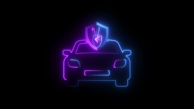 Neon car insurance concept with shield and victory sign animation on black background, glowing