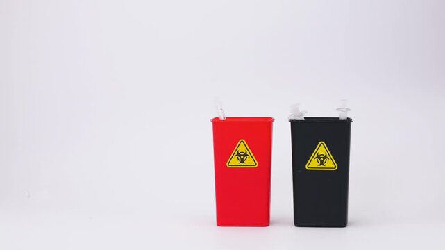 Gloved hand dropping sharp syringe waste into red black biohazard bin for contaminated medical equipment disposal in safe hospital setting
