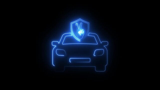 Neon car insurance and protection concept: glowing blue shield with victory hand gesture vehicle protection