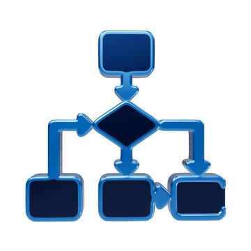 3d blue glossy flowchart with nodes and arrows, representing process management, workflow, logic, organization, and system architecture isolated on a transparent background