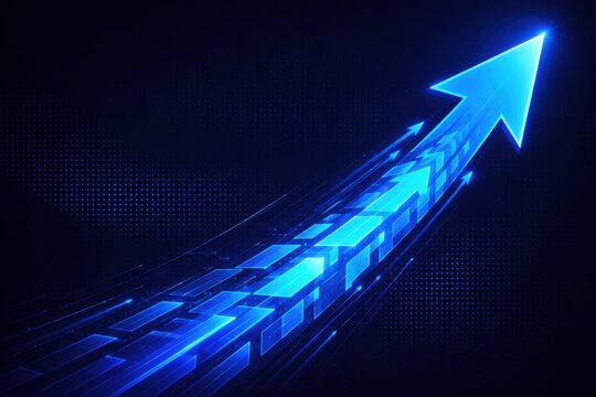 Glowing blue digital arrow moving up on a dark background