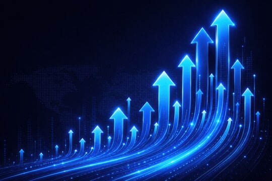 Blue financial growth arrows moving upward on a dark digital background
