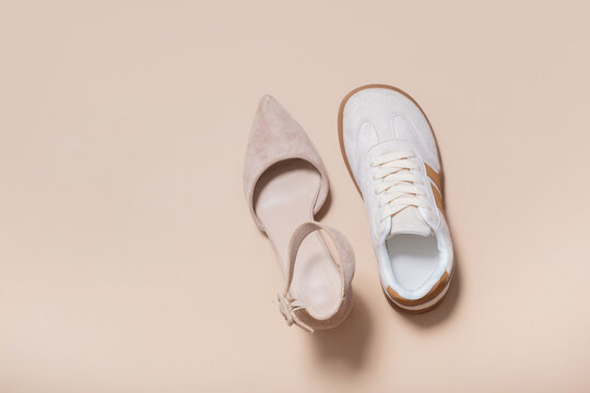 Different types of shoes are placed side by side on a flat surface for comparison