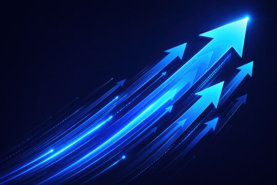 Bright blue glowing arrows pointing up representing business growth