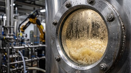 Fototapeta premium Close-Up View of Industrial Fermentation Vessel with Bubbles
