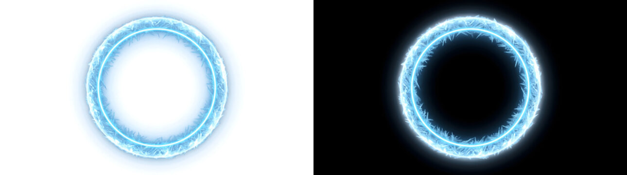 Blue ice frost magic circle ring with crystallized edges for winter game design in PNG, Transparent and Black Background Versions