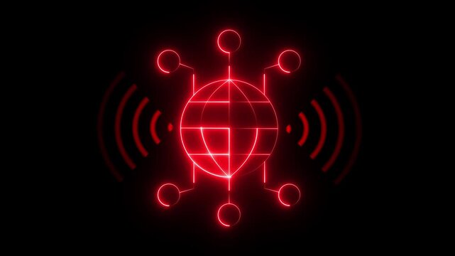Glowing red digital globe with pulsing signal waves, futuristic network communication concept, abstract data transfer animation for technology and cyber security backgrounds