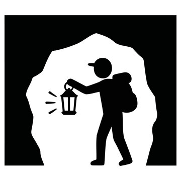 Vector illustration of a person exploring a dark cave opening, holding a glowing lantern and carrying a backpack, symbolizing adventure and discovery.
