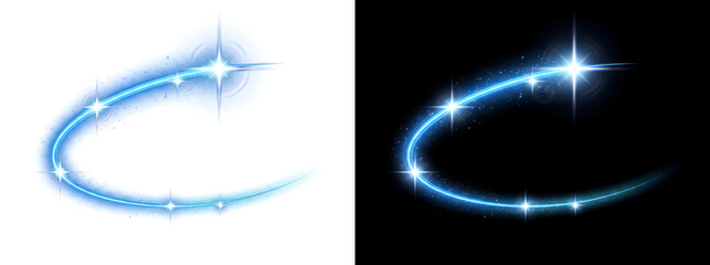 Blue magic swirl light trail with sparkling stars and glowing curve for festive design in PNG, Transparent and Black Background Versions © Nyxthrasza