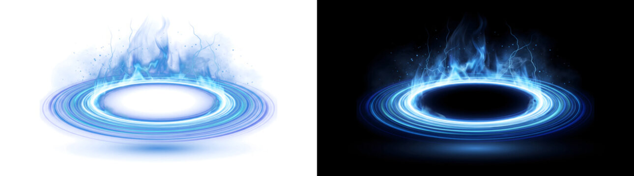 Blue magic vortex portal with fire flame and lightning ring for fantasy game design in PNG, Transparent and Black Background Versions