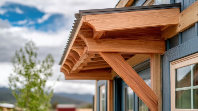 Modular Home Close-up of a wooden pergola attached to a modern house with a scenic outdoor background.