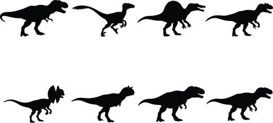 Black Silhouette Vector Set of Dinosaurs Including T-Rex, Triceratops, Velociraptor, and Prehistoric Species © MDIbrahim
