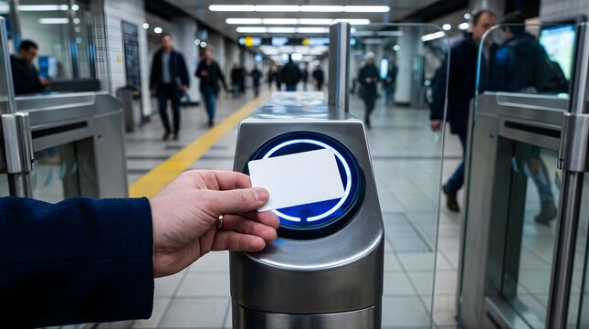 Passenger using smart card to enter turnstile gate at metro station