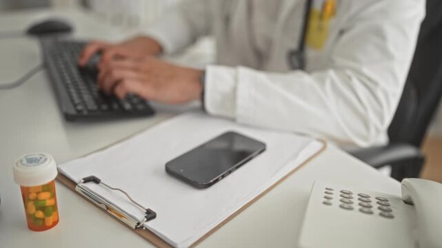 Young doctor man holding smartphone to ear, wearing stethoscope and glasses while seated at desk next to clipboard and pill bottle in medical building; concentration care.