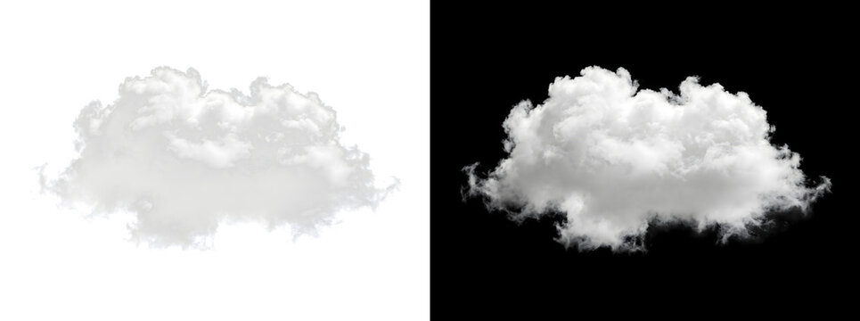 Realistic white fluffy cloud with soft cotton texture isolated for sky background design in PNG, Transparent and Black Background Versions