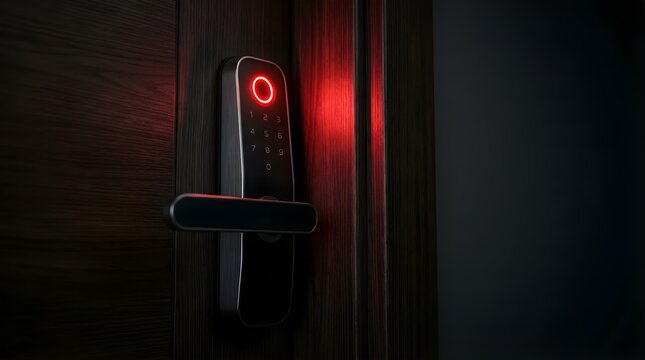 Smart electronic door lock with illuminated red access keypad on wood door