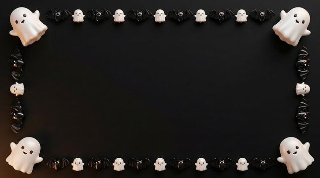 A festive halloween frame featuring cute white ghost decorations arranged neatly on a solid black background