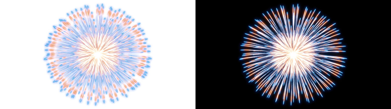 Colorful firework burst with blue and orange radiant spark for night celebration design in PNG, Transparent and Black Background Versions