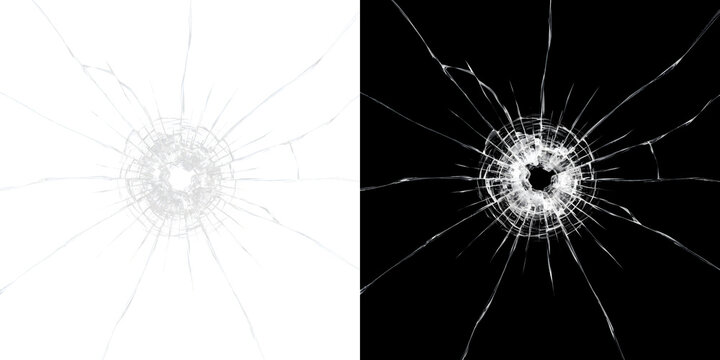 Realistic cracked glass bullet hole with shattered spider web fracture for damage overlay design in PNG, Transparent and Black Background Versions