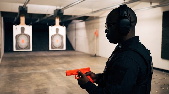 Male police officer or security guard training at an indoor shooting range, holding an orange training pistol, wearing protective ear muffs and safety glasses, tactical vest