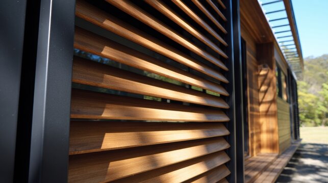 Modular Home Close-up of a modern building&rsquo;s wooden slatted exterior wall with sunlight casting shadows on the design.