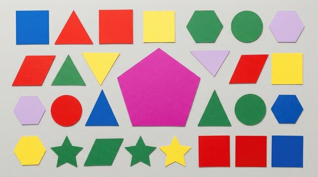 Colorful geometric shapes arranged neatly on a flat light gray surface for educational creative purposes