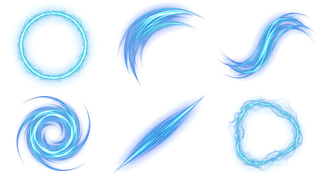 Collection of blue energy swirl effects with lightning circle slash and wind streak for game asset design in PNG, Transparent and Black Background Versions