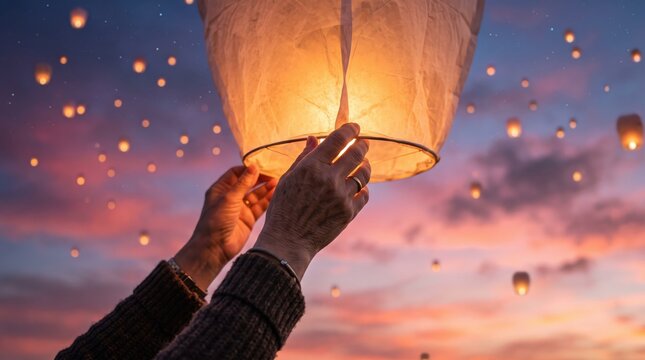 Hands releasing glowing sky lantern into twilight sky during festival celebration, traditional culture ceremony, making a wish, hope and dreams, spiritual moment