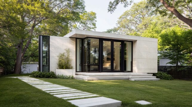 Modular Home Modern small house with large glass windows and a stone pathway surrounded by green lawn and trees.