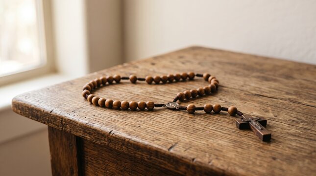 Wooden rosary beads with cross resting on rustic wooden table near window, symbolizing catholic faith, prayer, meditation, spirituality, and religious devotion in a peaceful