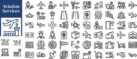 Obraz premium Airport Operations outline icon set. Featuring control tower, passport, baggage, runway, and pilot symbols. Editable stroke vector icons for aviation management dashboard and passenger service guide.